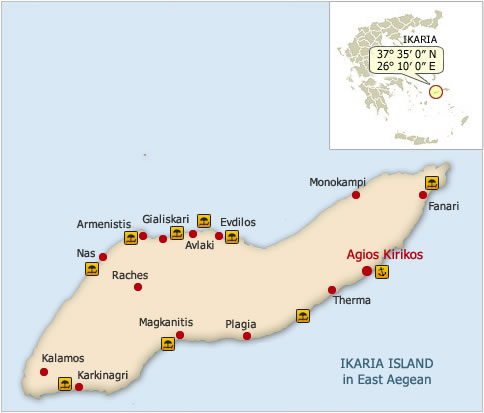 Mappa dell’ isola di Ikaria, Isole Greche, Egeo