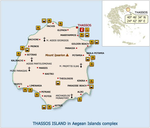 Carte de Thassos, Îles de l'Egée, Grèce